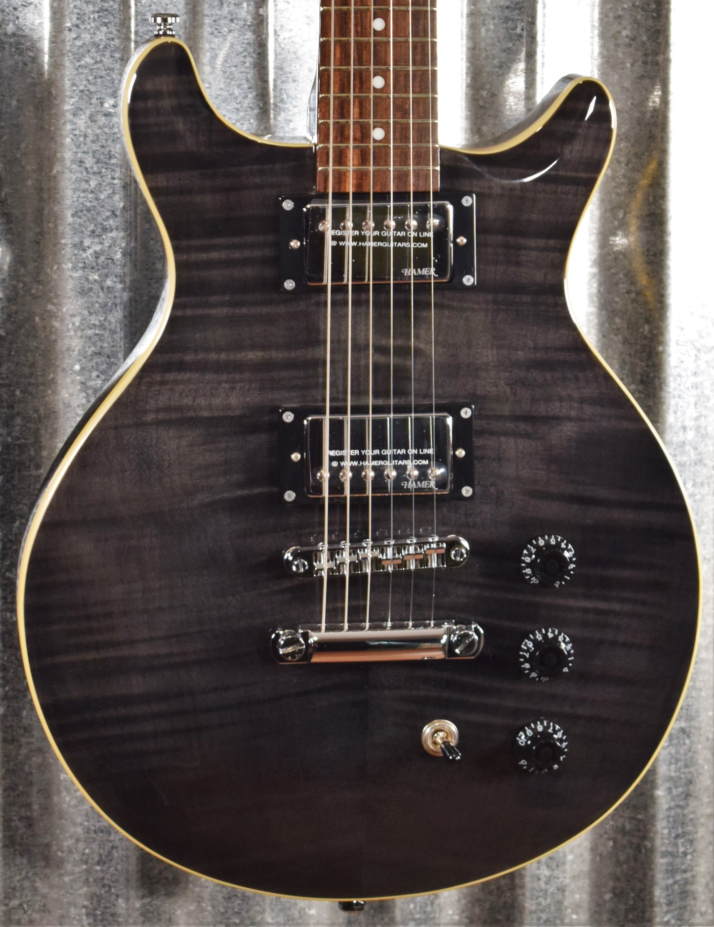 Hamer Archtop Flame Trans Black Double Cut Guitar SATF-TBK #0922 B Stock