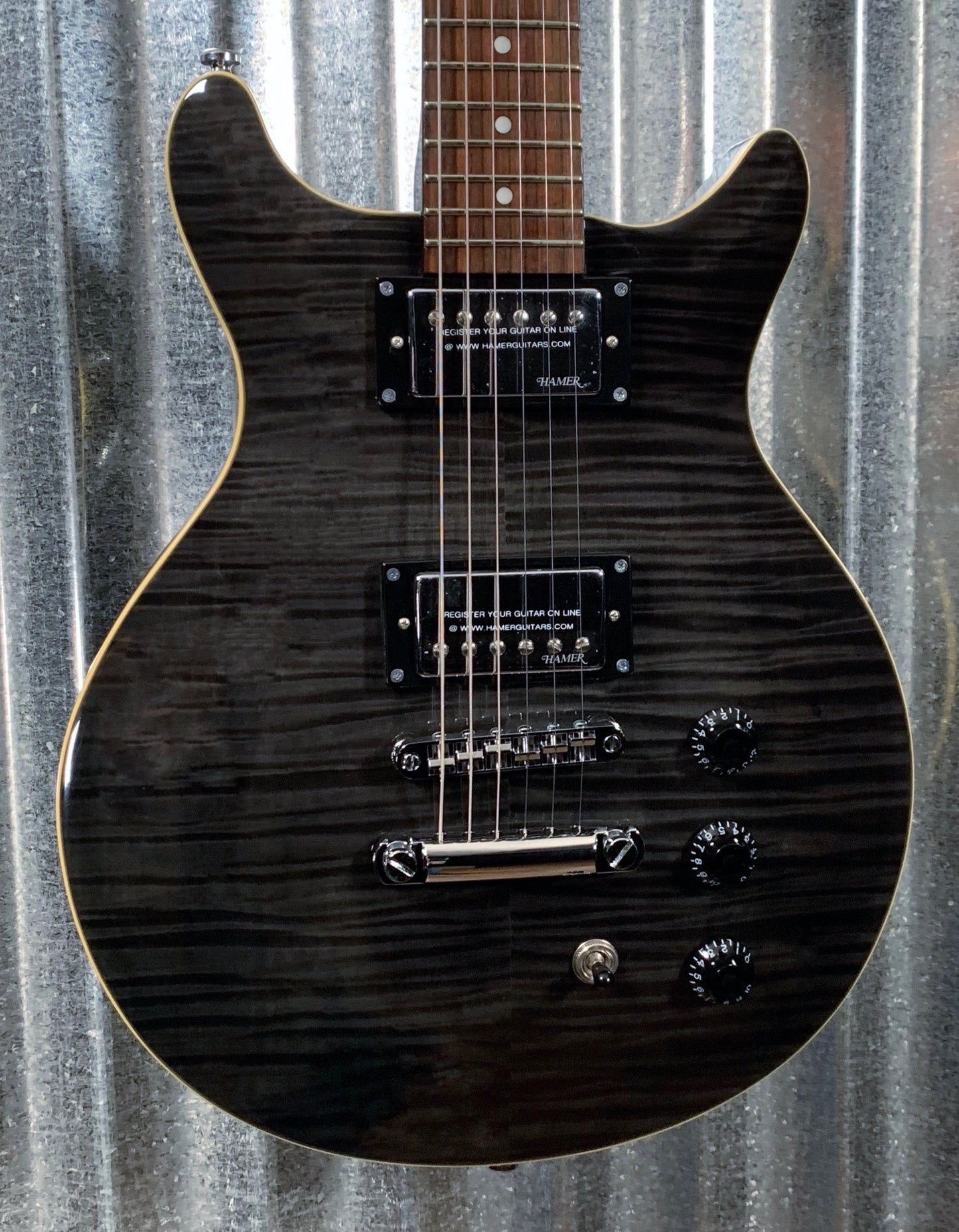 Hamer Archtop Flame Trans Black Double Cut Electric Guitar SATF-TBK #0654