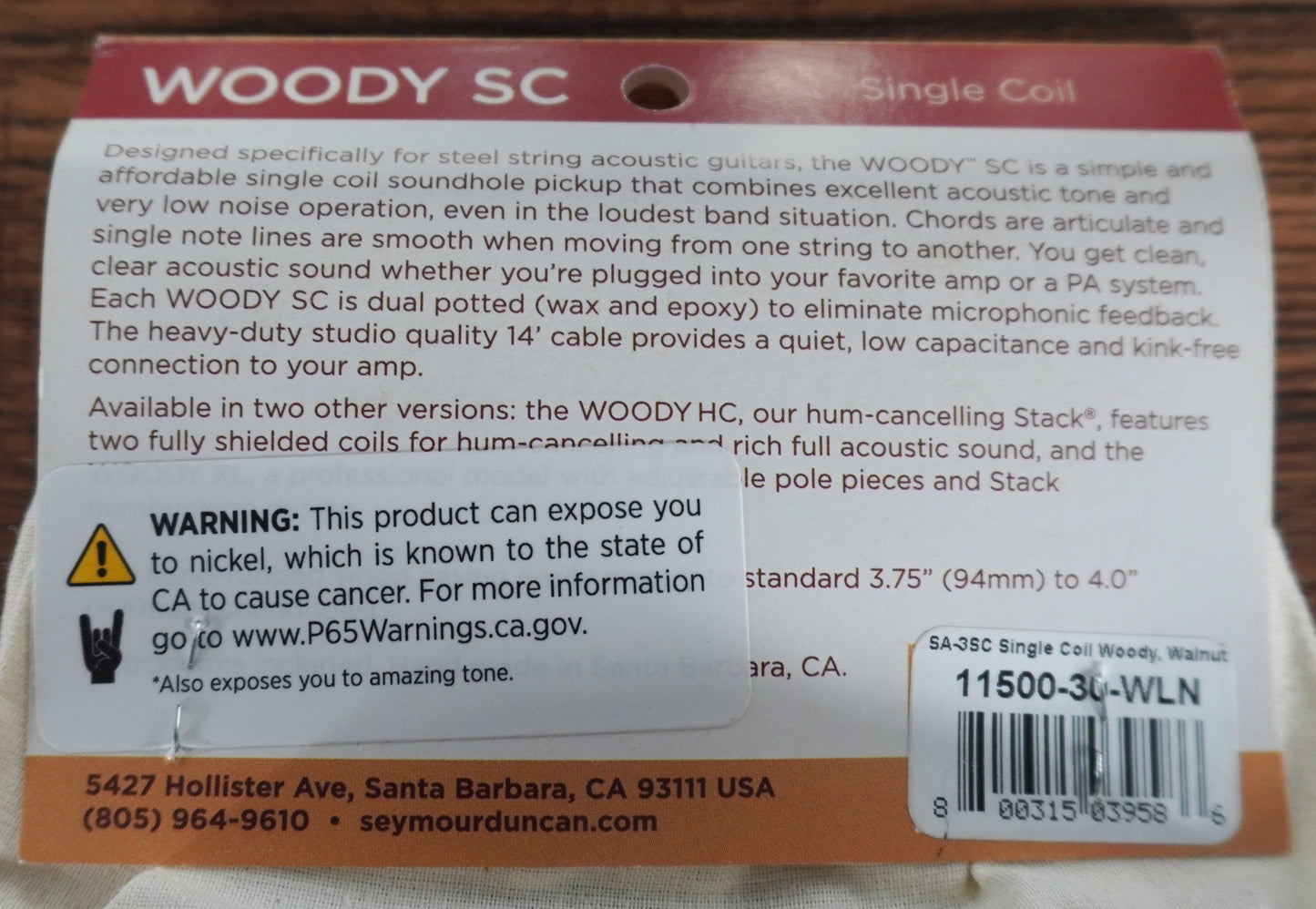 Seymour Duncan SA-3SC Single Coil Woody Acoustic Guitar Pickup Walnut 11500-30-WLN
