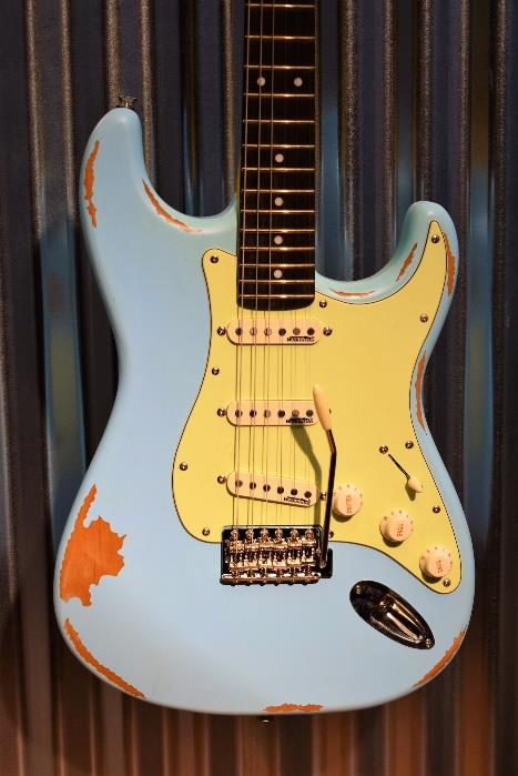 Vintage Icon V6MRLB SSS Relic Distressed Laguna Blue Wilkinson Guitar & Case #62