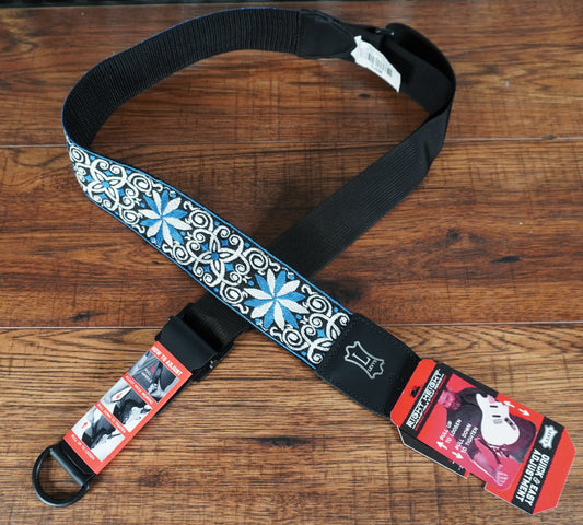 Levy's MRHHT-10 Right Height™ 2-Inch Jacquard Weave Guitar Bass Strap with Blue, White & Black Floral Hootenanny Motif