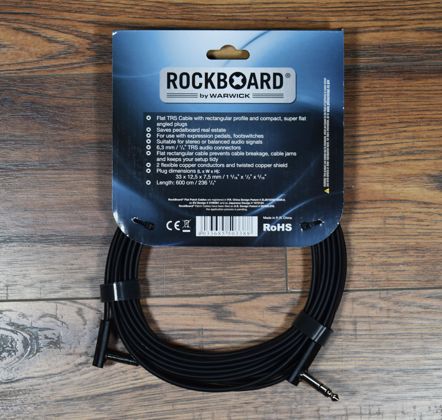 Warwick Rockboard Flat Patch TRS Guitar Bass Pedalboard Expression Cable 600 CM 19.68' Black