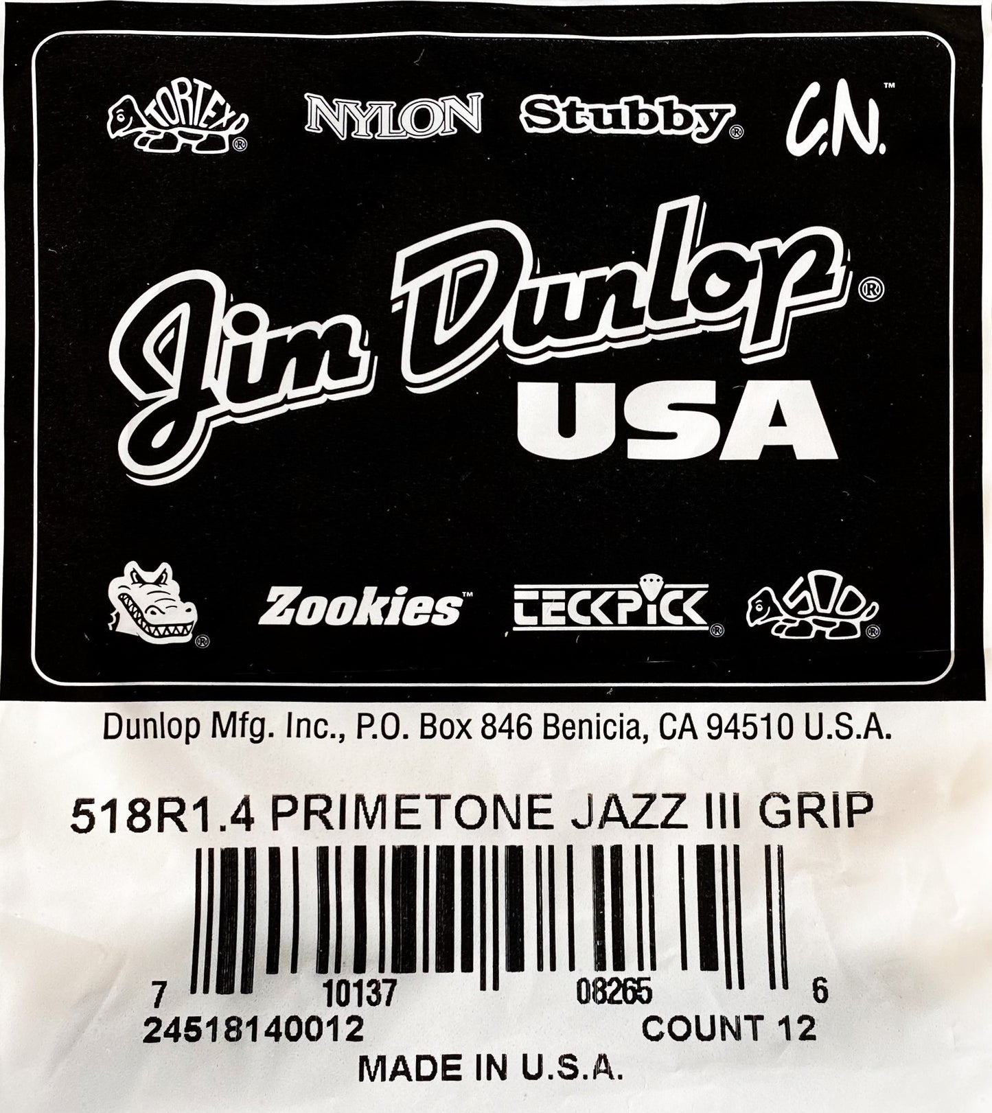 Dunlop 518-140 Primetone Jazz III Grip 1.4mm Guitar Pick Bag 12 Count