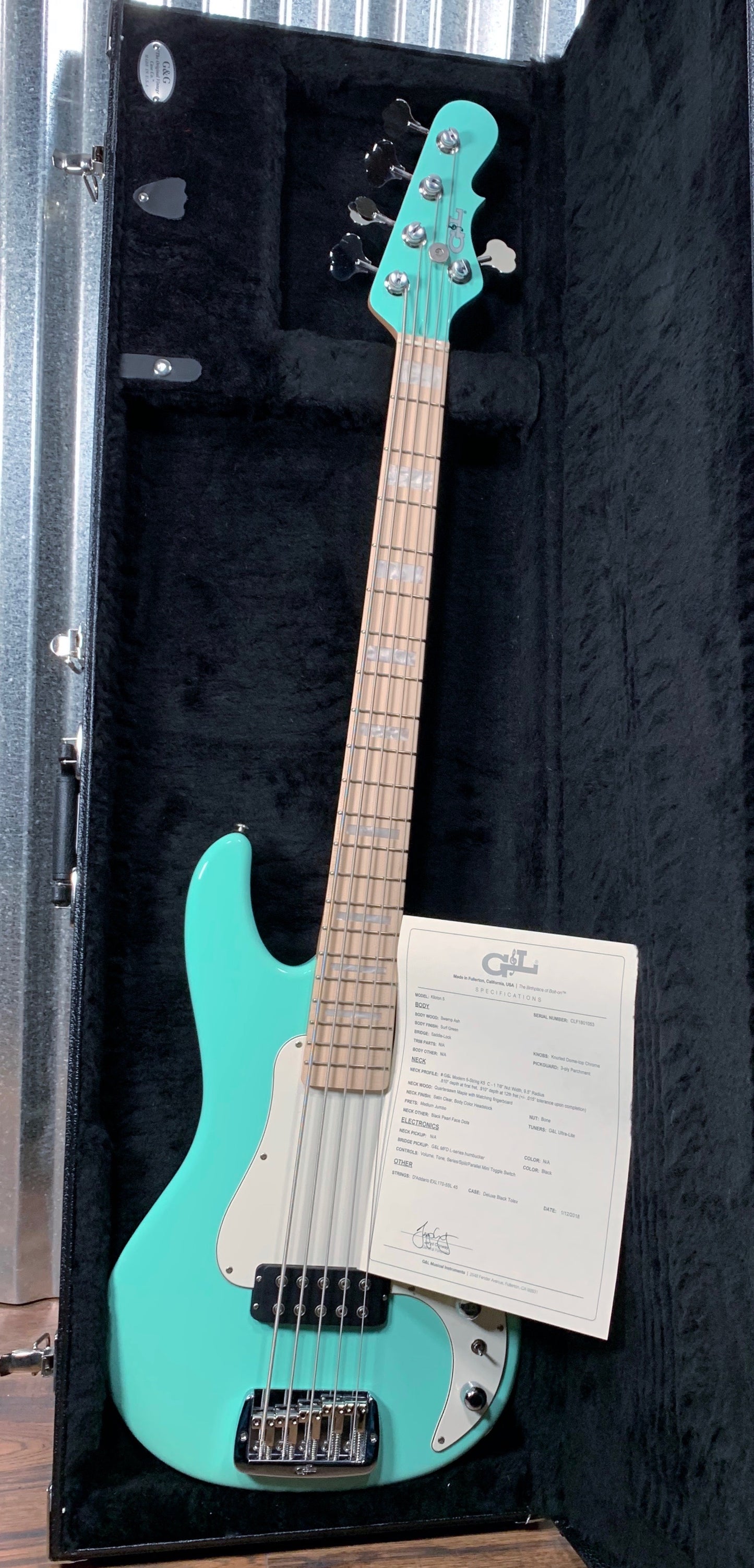 G&L USA Fullerton Custom Kiloton 5 Surf Green 5 String Bass & Case 2018 #1053