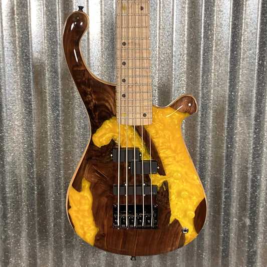 Tom Martinson Walnut Burl Yellow Resin EMG PJ 5 String Bass #23 Used