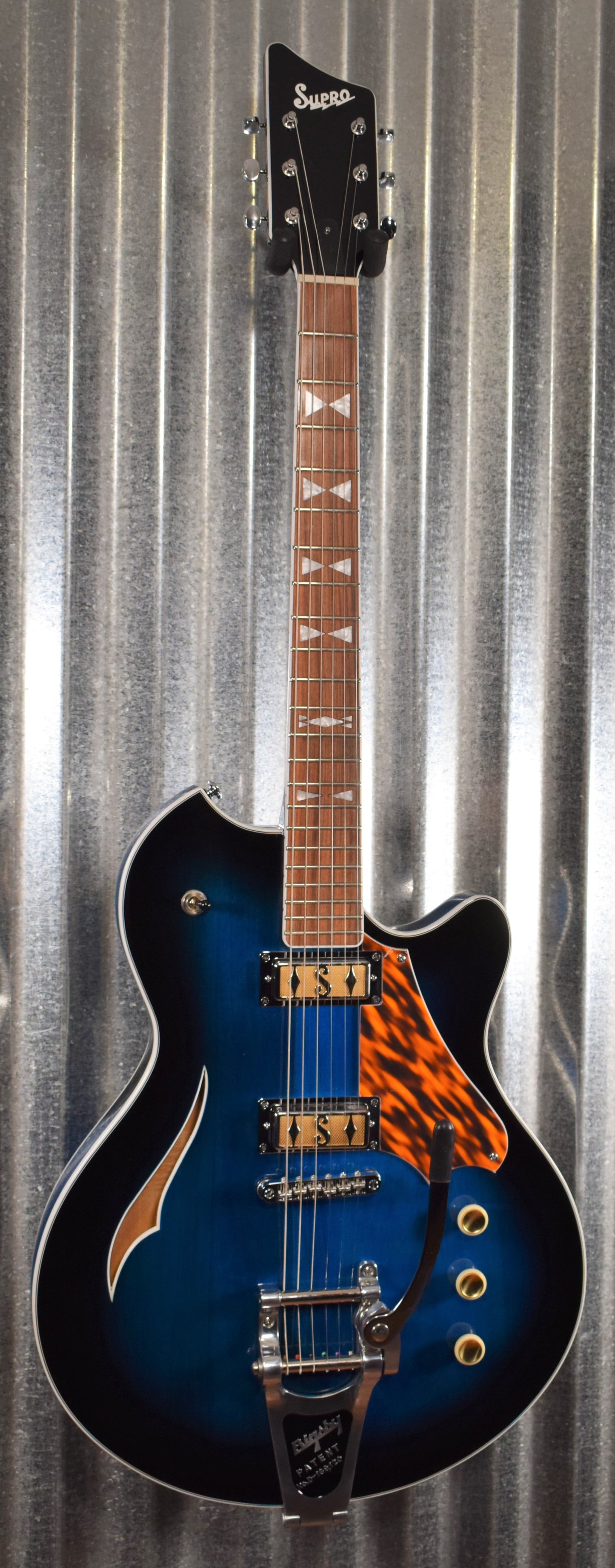 Supro USA 2052ABB7 Clermont Thinline Semi Hollow Trans Blueburst Bigsby Guitar & Case Demo #0369