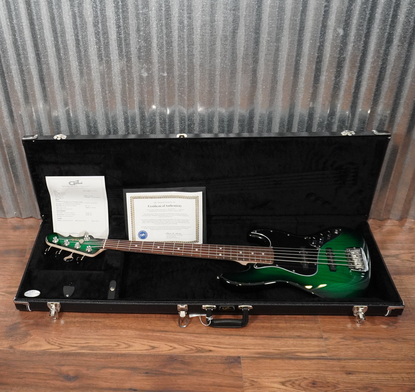 G&L USA JB-5 Greenburst 5 String Jazz Bass Rosewood Satin Neck & Case #7059