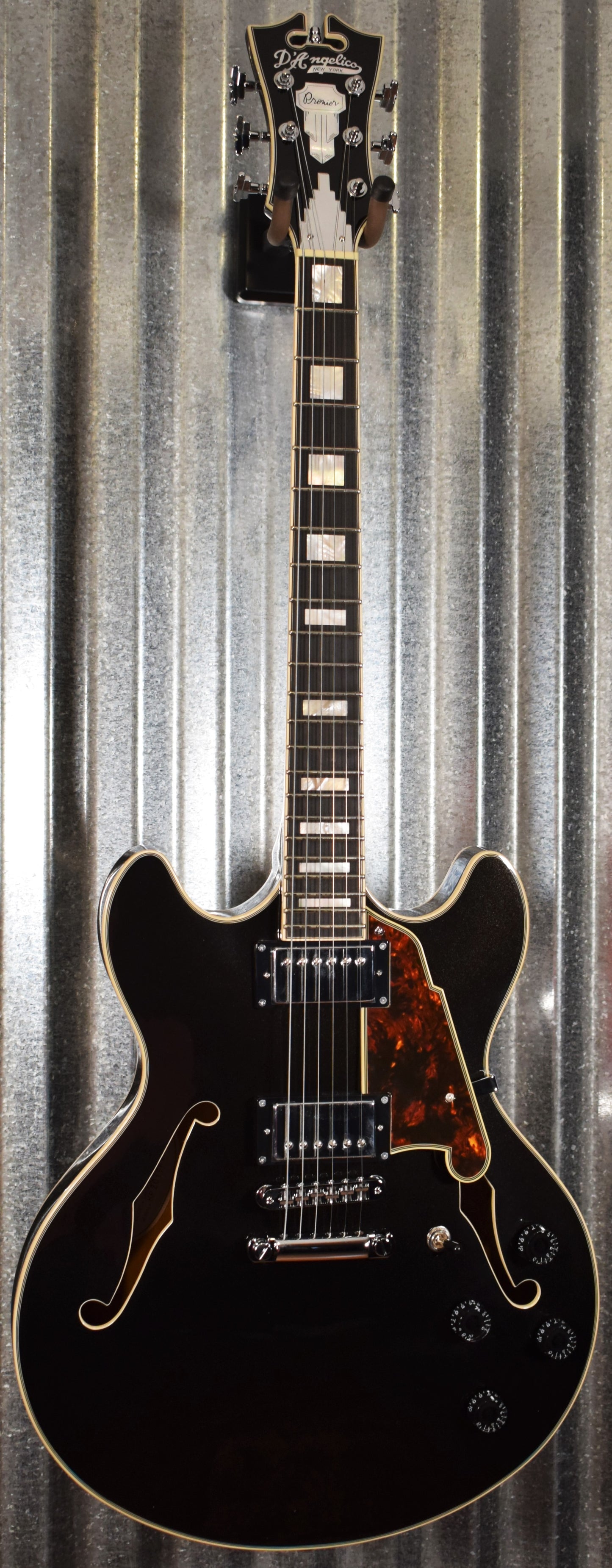 D'Angelico Premier DC Double Cut Semi Hollow Stop Bar Black Flake Guitar & Bag #1968