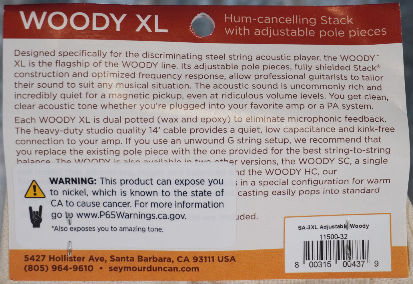 Seymour Duncan SA-3XL Adjustable Woody Acoustic Guitar Pickup Maple 11500-32