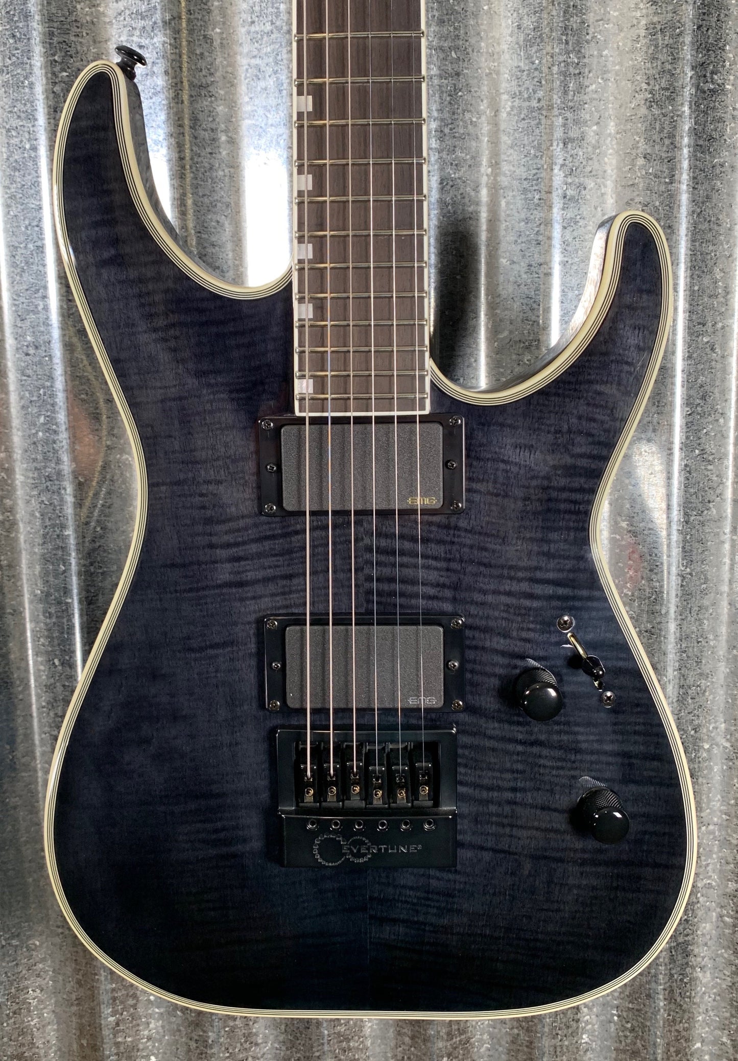 ESP LTD MH-1000 Evertune Flame Top See Through Black EMG Guitar & Case #712