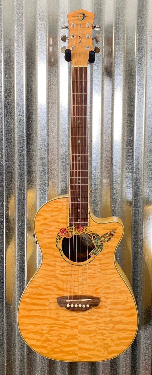 LUNA FAU HUM Fauna Hummingbird Quilt Maple Acoustic Electric Parlor Guitar & Bag #8120 Used