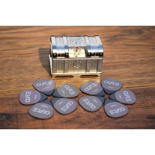 Ogre Guitar Metal Treasure Chest Guitar & Bass Pick Case Holder & 10 Picks Silver