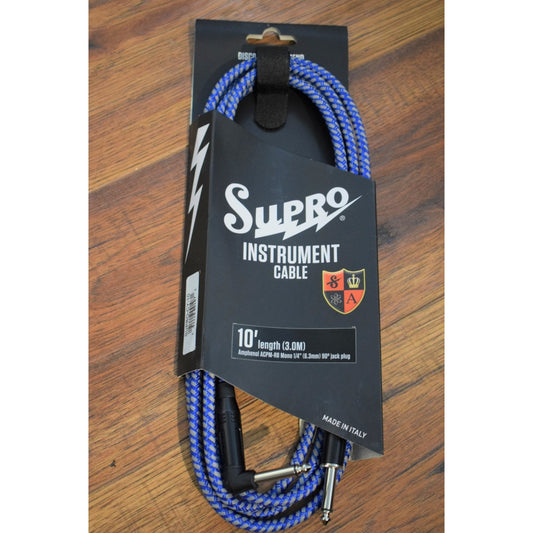 Supro USA CY-10 10' Guitar Bass Instrument Right Angle Cable Blue