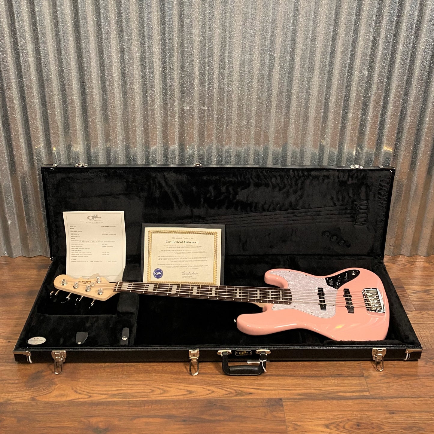 G&L USA JB-5 5 String Jazz Bass Shell Pink & Case JB5 #0031